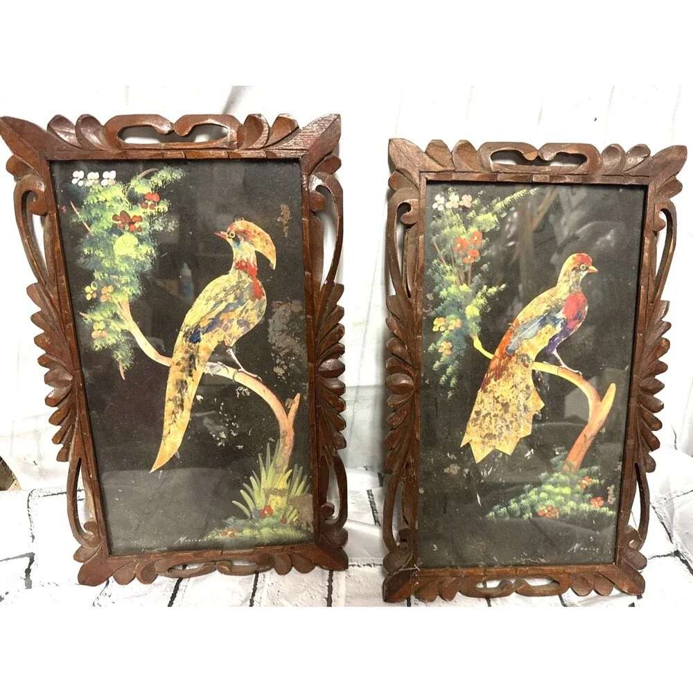 2 VTG Mexican Folk Art Feathercraft Feather Colorful Birds Carved Wood Frame
